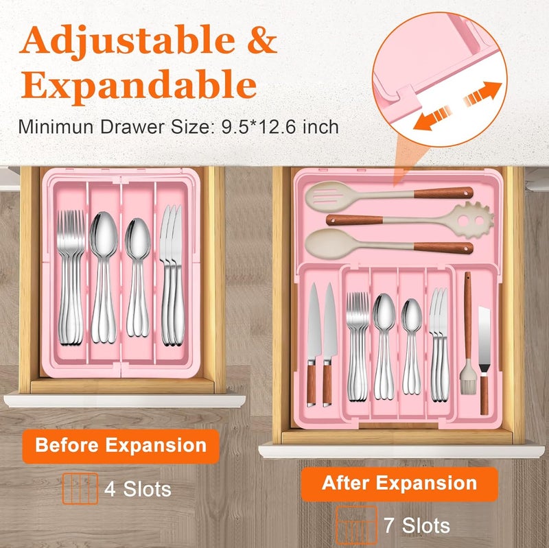 Spaclear Silverware Organizer - Expandable Silverware Drawer Organizer, Adjustable Drawer Organizer, Silverware Tray for Drawer 15.2"x 19" Utensil Drawer Organizer, Kitchen Organizers Storage, Pink - Image 3